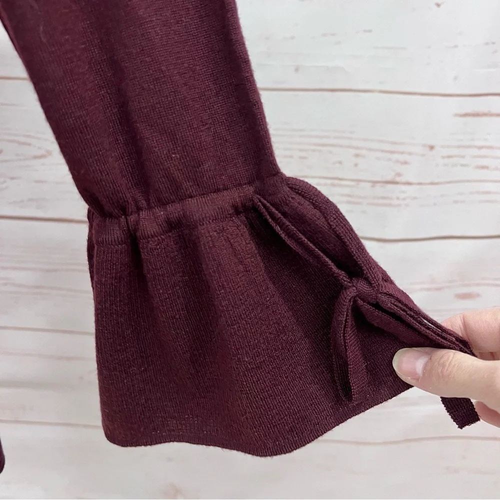 NWT J.Crew Merino Wool Burgundy V-Neck Tunic Sweater Drawstring Cuff Bell Sleeve